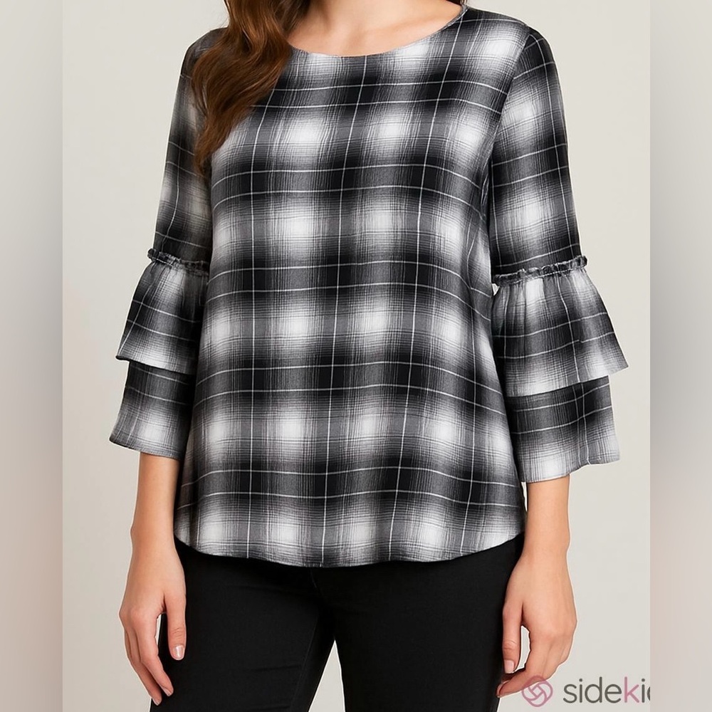 Jane & Delancey Black Gray Metallic Plaid M Gothic Grunge Boho Chic Ruffle Top